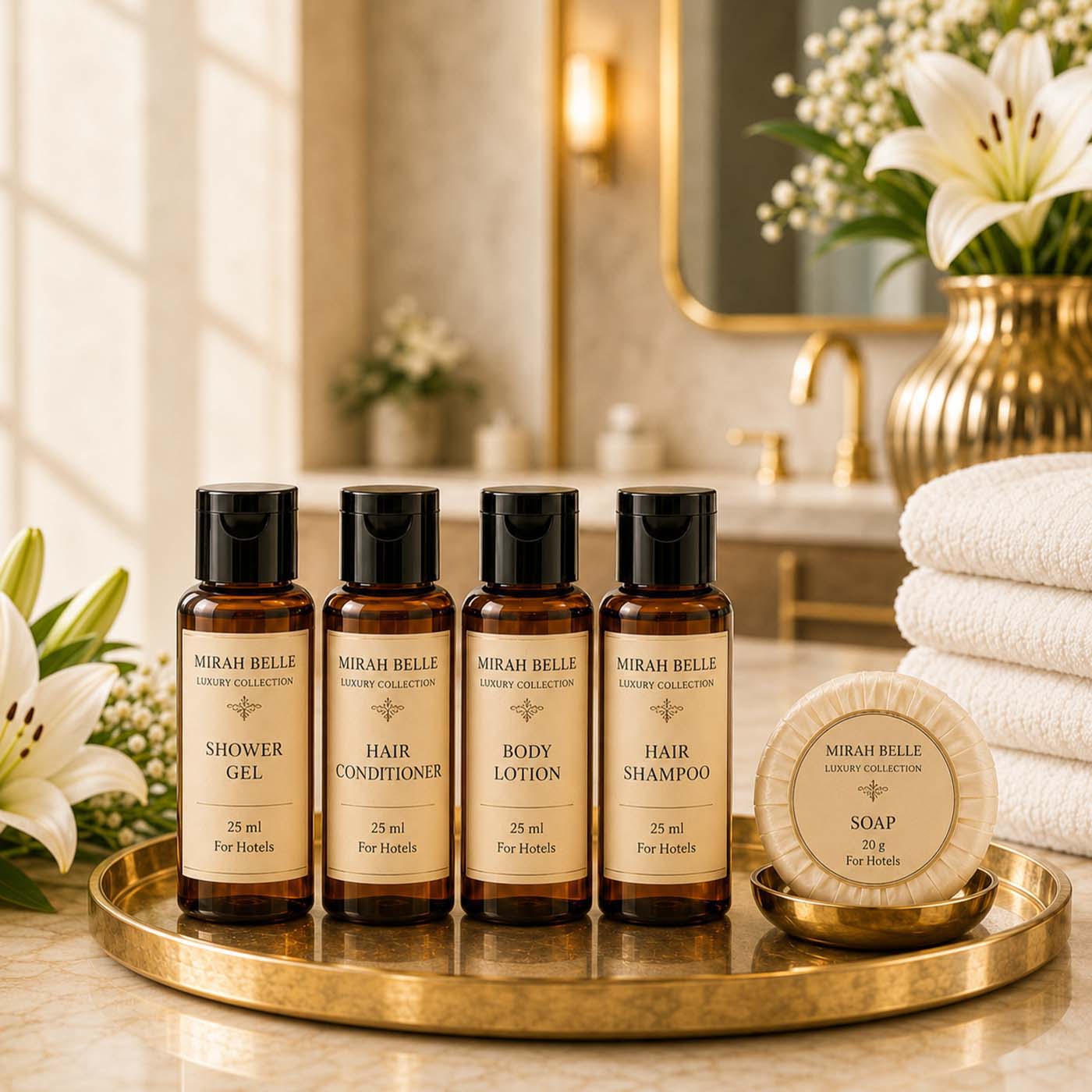 Mirah Belle hotel toiletries, guest soap and branded hospitality details arranged on a luxury hotel bathroom vanity