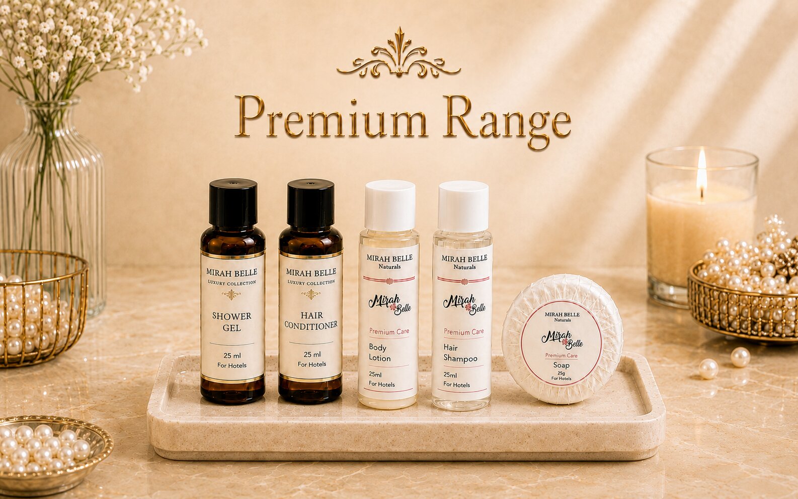 Mirah Belle Premium Range with Sea Pearl and Noir Oud hotel amenities