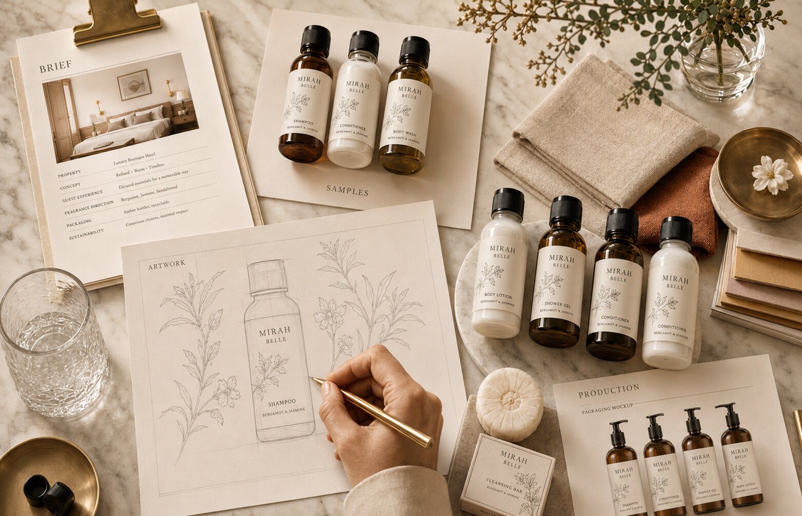 Mirah Belle hospitality approval process with samples, artwork, packaging references and production planning